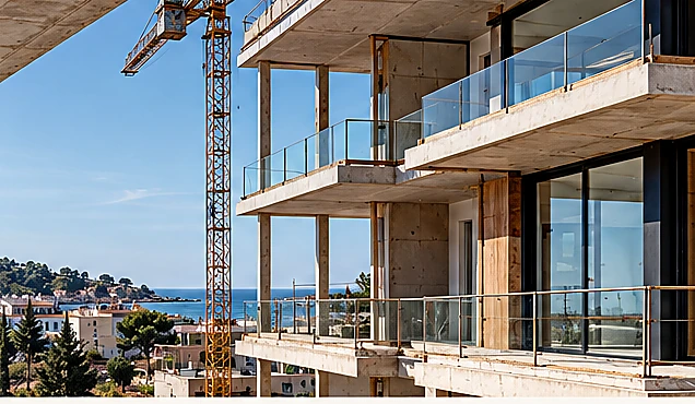 Edificación en proceso con grúas y estructura de hormigón