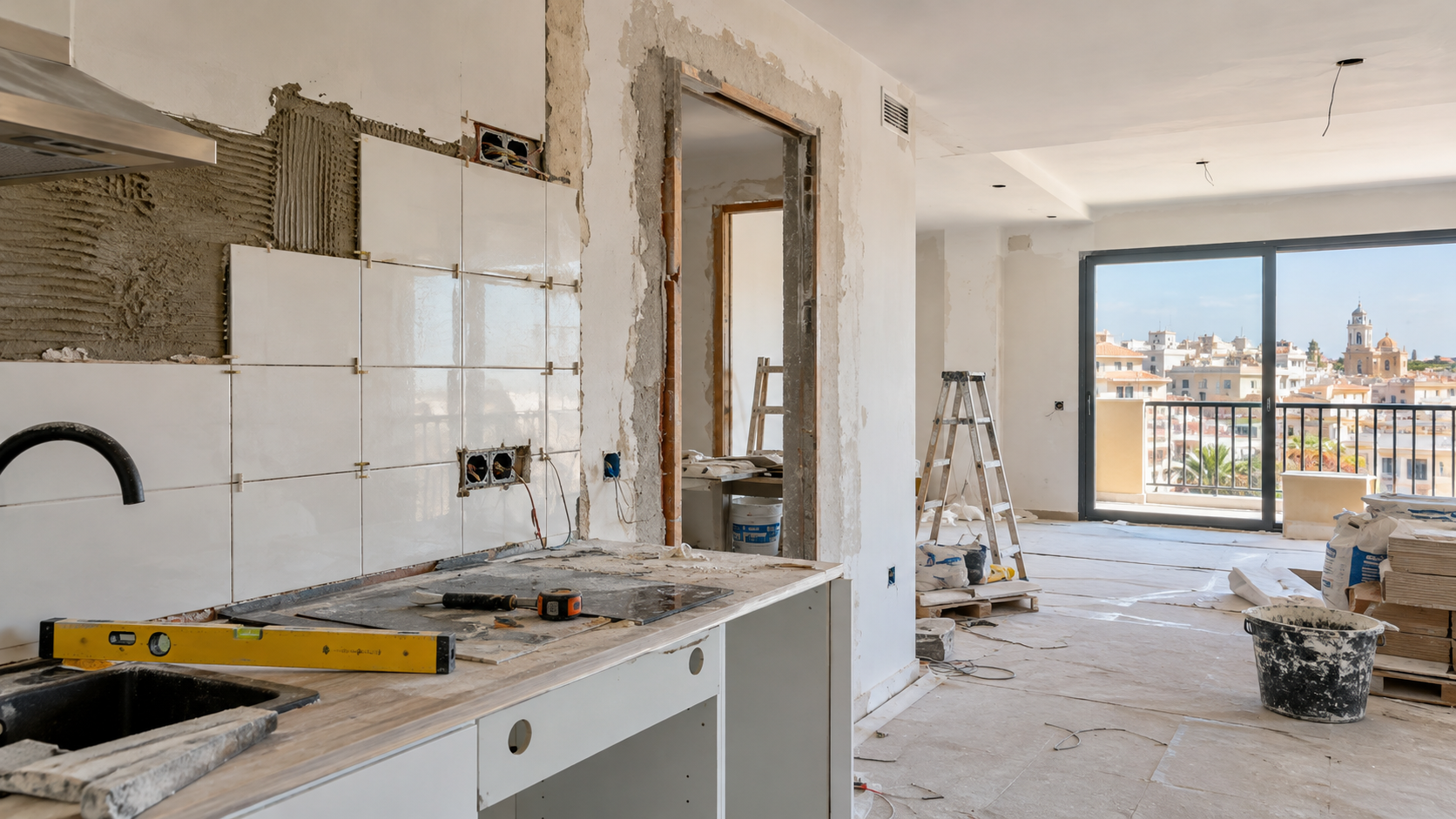 Vivienda en proceso de reforma, con revestimientos incompletos y materiales de construcción