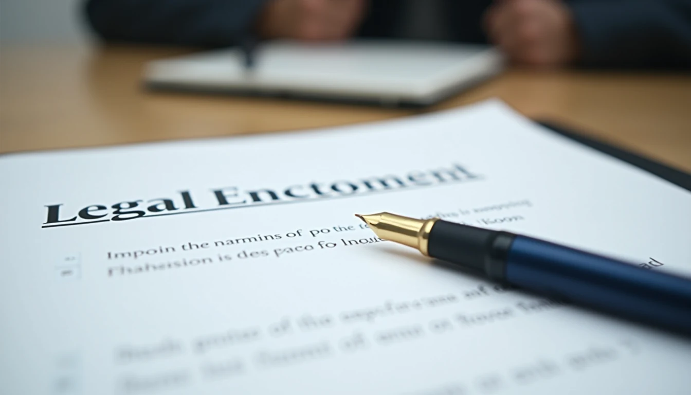Close-up view of a legal document and a pen on a desk