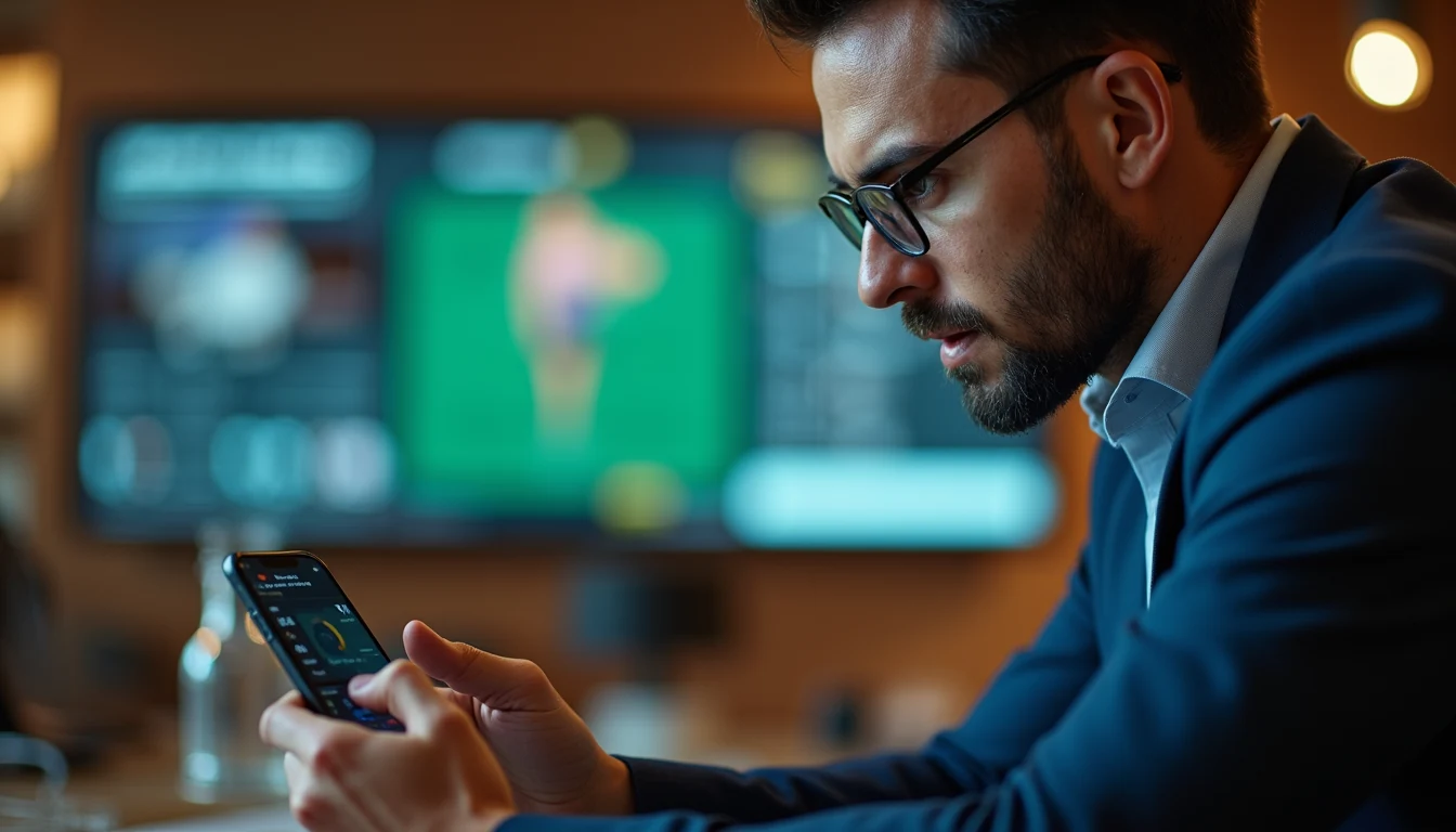 Vista lateral de un jugador revisando su historial de apuestas en un móvil