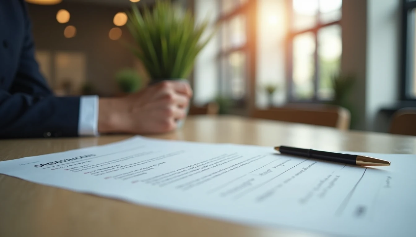 Plano detalle de documentos legales y contrato de sociedad sobre una mesa de oficina