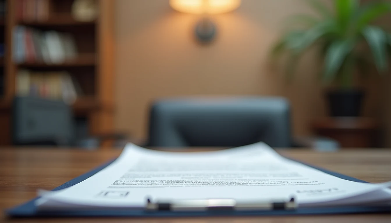 Vista frontal de un despacho de abogados con documentos legales sobre la mesa