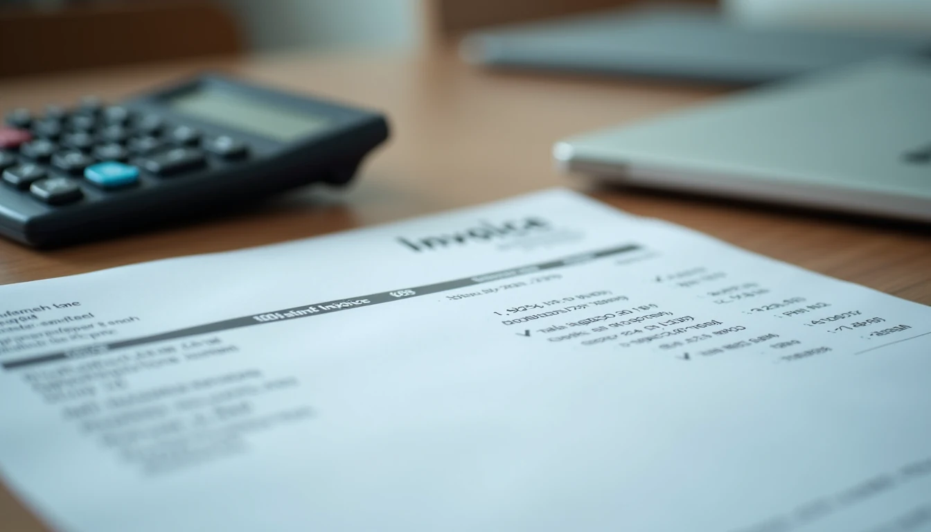 Close-up view of unpaid invoice on a desk with a calculator