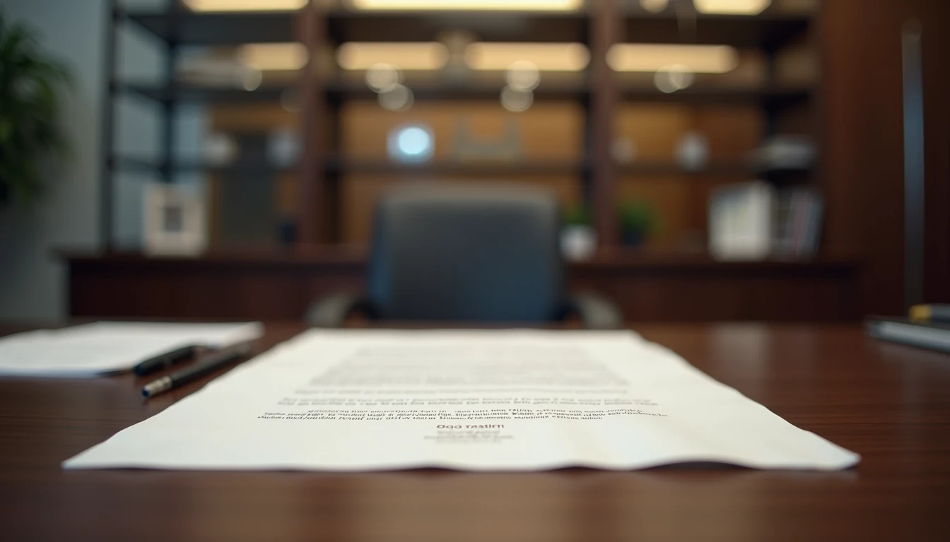 Vista general de un despacho de abogados con documentos legales sobre la mesa