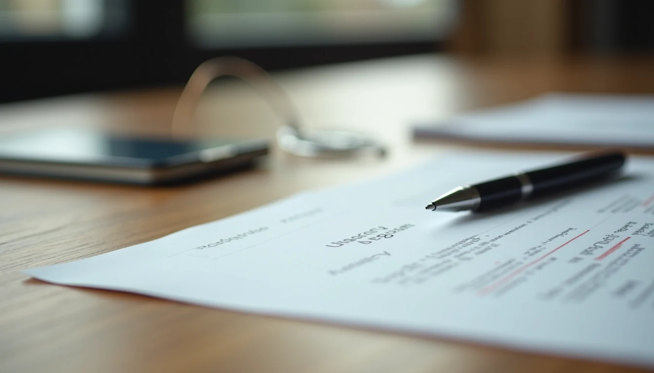 Eye-level view of legal documents and a pen on a wooden table